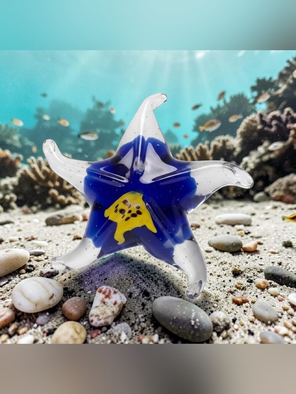 Millefiori 5" Glass Starfish Hand Blown Sculpture Paperweight Cobalt Blue/Clear.